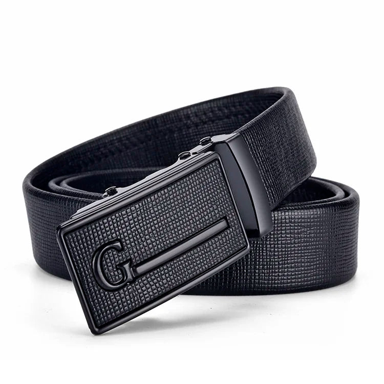 Men's Auto Buckle Business Belt - Textured PU Leather Strap, Metal Clasp Dress Belt Black (High Quality)