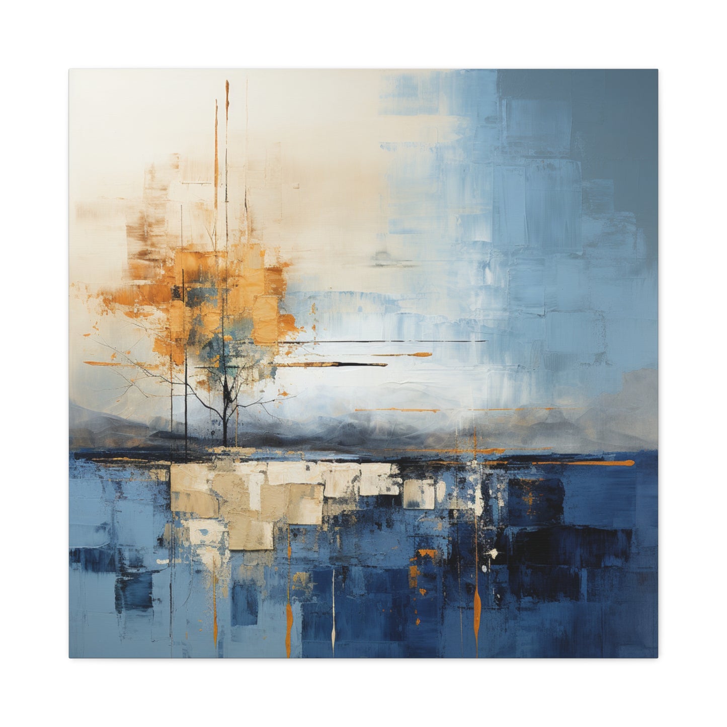Abstract Landscape Canvas Art - Tranquil Blue and Orange Decor