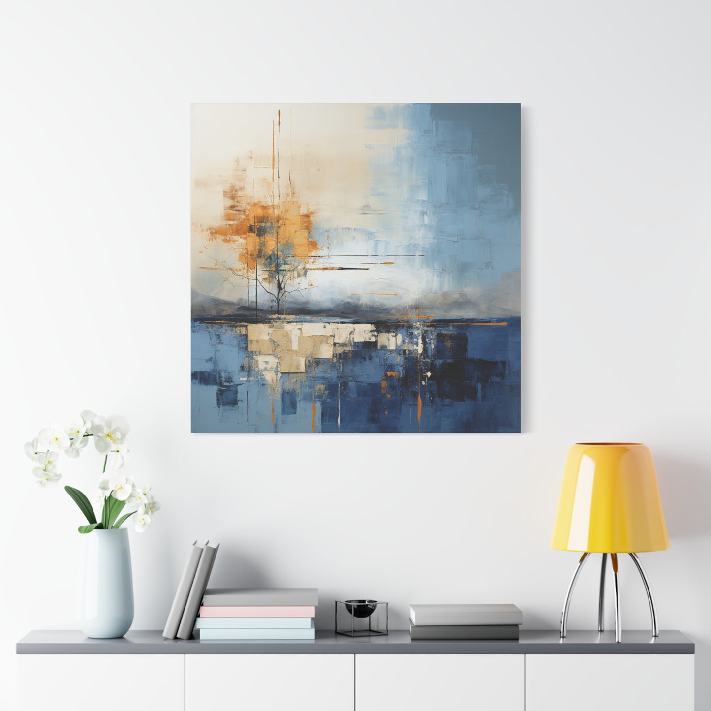 Abstract Landscape Canvas Art - Tranquil Blue and Orange Decor