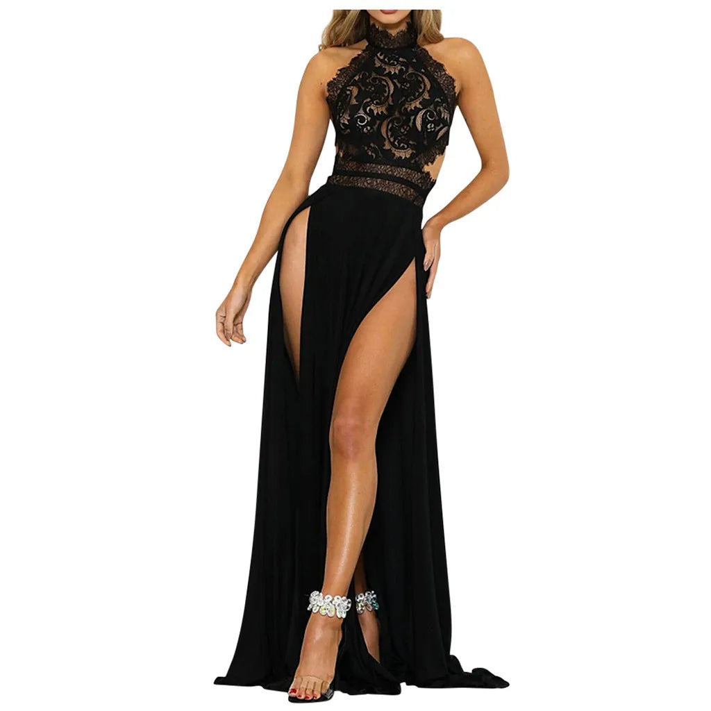 Women Sexy Sleeveless High Slit Long Dress Sexy Hollow Out Bodycon Party Lace Dress for NightClub Long Maxi Dress Vestido платье