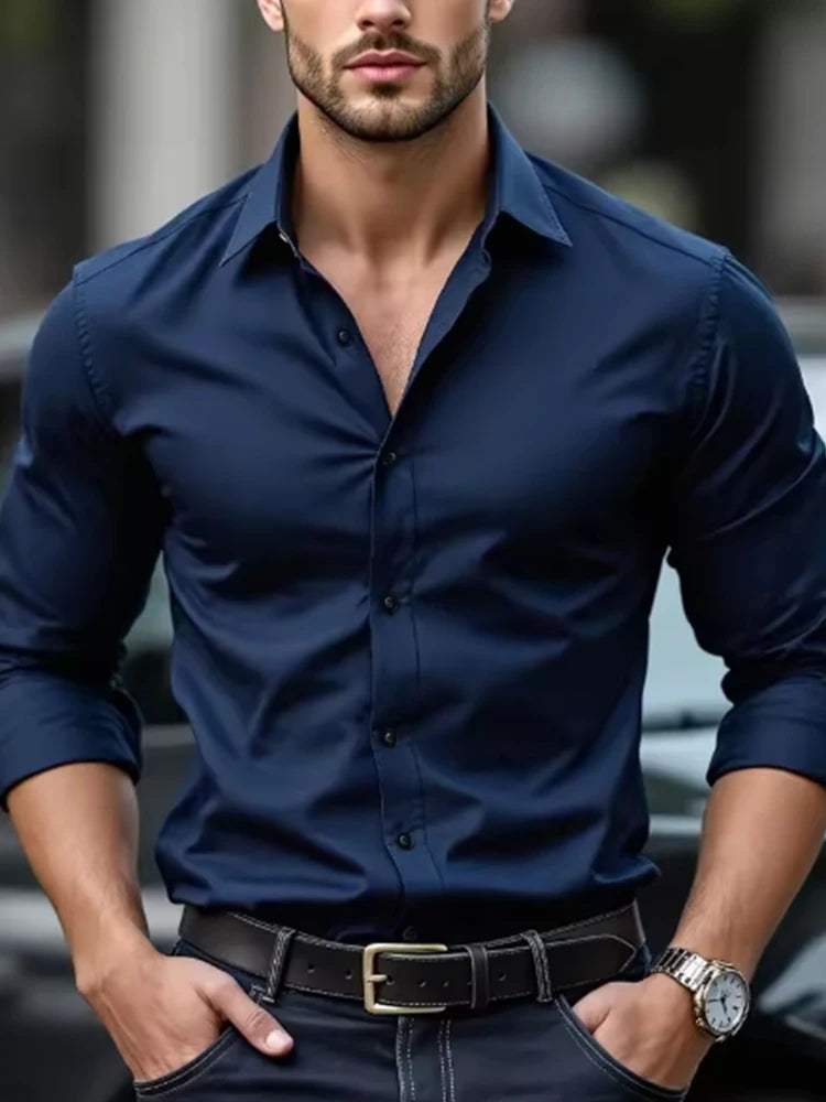 Formal men's shirt without ironing, business casual, slim and slim black shirt, solid color, fashionable and high-quality