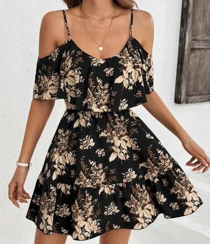 Elegant Printed Halter Neck Mini Dress Women's Bowed Waist Pleated Skirt Short Sleeve V-neck Gown for Ladies Fashionable