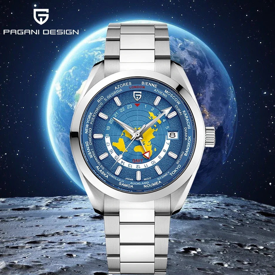 PAGANI DESIGN 2025 New World time GMT Zone Map Men's Watches Automatic Watch For Men NH34A Mechanical Waterproof Wristwatch Men