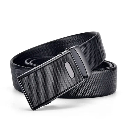 Men's Auto Buckle Business Belt - Textured PU Leather Strap, Metal Clasp Dress Belt Black (High Quality)