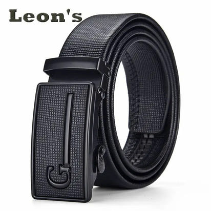 Men's Auto Buckle Business Belt - Textured PU Leather Strap, Metal Clasp Dress Belt Black (High Quality)