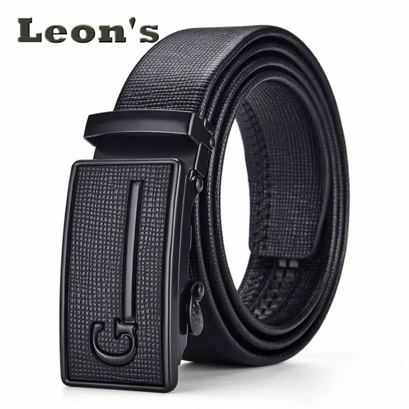 Men's Auto Buckle Business Belt - Textured PU Leather Strap, Metal Clasp Dress Belt Black (High Quality)