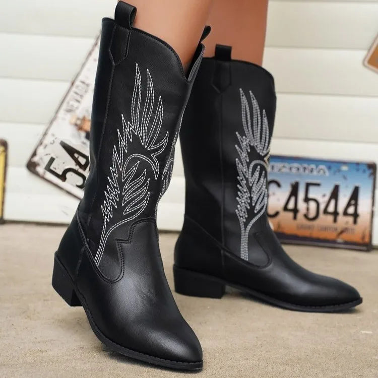 Gold Mid-calf Boots Women Silver Pointed Western Cowboy Boots Retro Fashion Black Boot Plus Size 36-43 WomenBoots