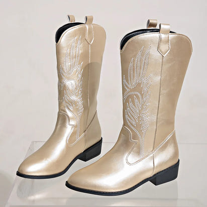 Gold Mid-calf Boots Women Silver Pointed Western Cowboy Boots Retro Fashion Black Boot Plus Size 36-43 WomenBoots