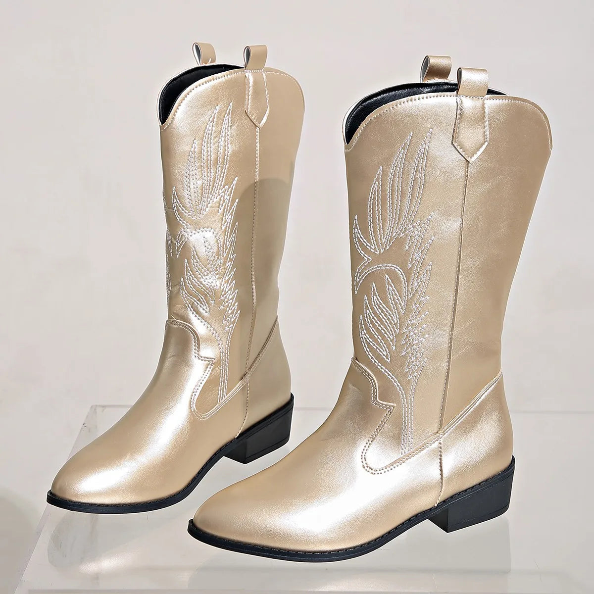Gold Mid-calf Boots Women Silver Pointed Western Cowboy Boots Retro Fashion Black Boot Plus Size 36-43 WomenBoots