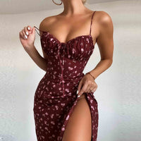 Elegant Classy Flower Print Spaghetti Straps Dresses For Women 2024 Camisole Deep V Neck Suspender Dress Woman Clothing
