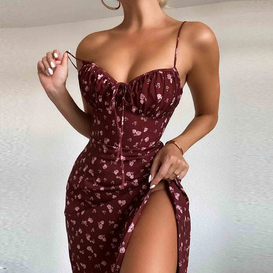 Elegant Classy Flower Print Spaghetti Straps Dresses For Women 2024 Camisole Deep V Neck Suspender Dress Woman Clothing