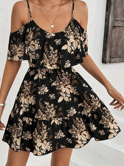 Elegant Printed Halter Neck Mini Dress Women's Bowed Waist Pleated Skirt Short Sleeve V-neck Gown for Ladies Fashionable