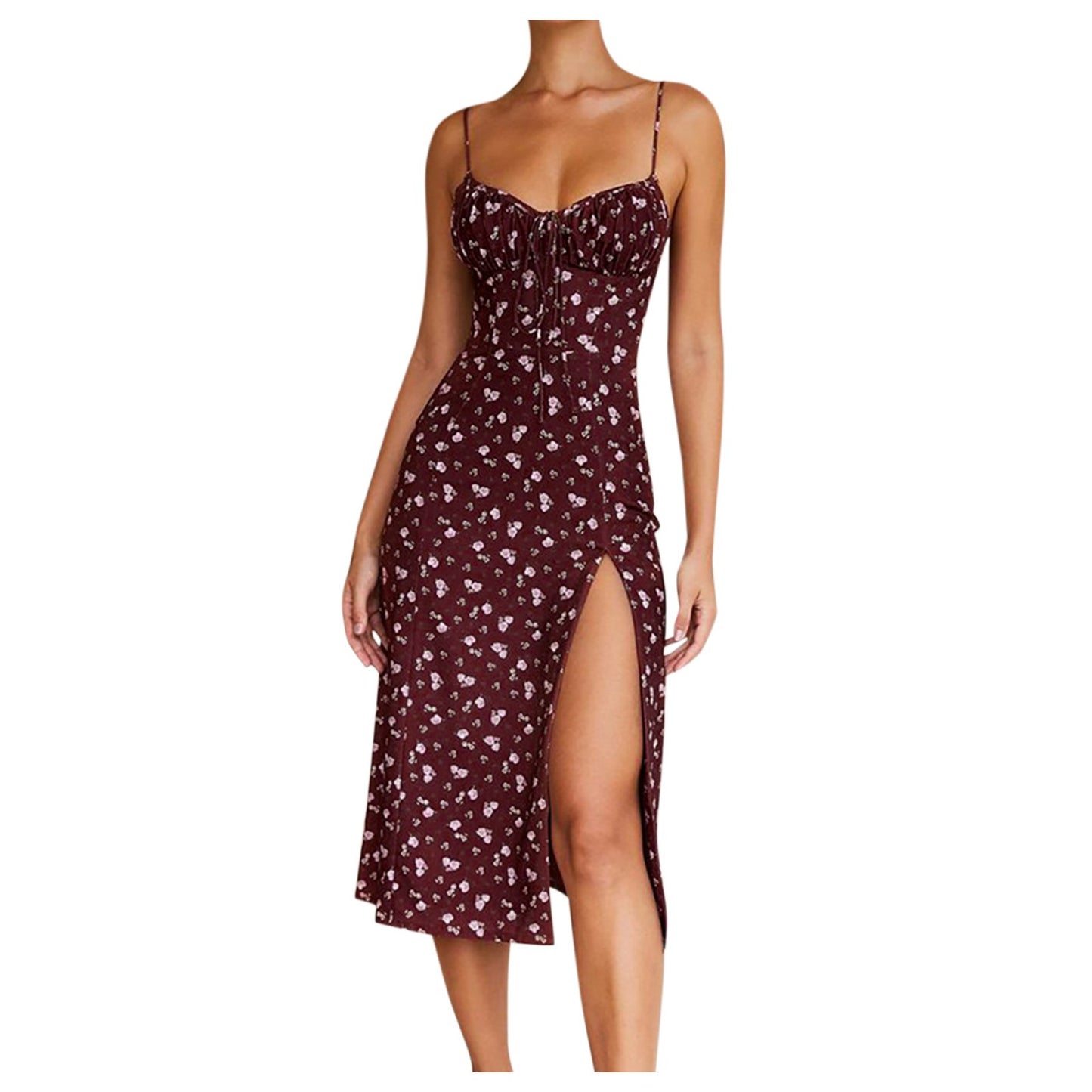 Elegant Classy Flower Print Spaghetti Straps Dresses For Women 2024 Camisole Deep V Neck Suspender Dress Woman Clothing