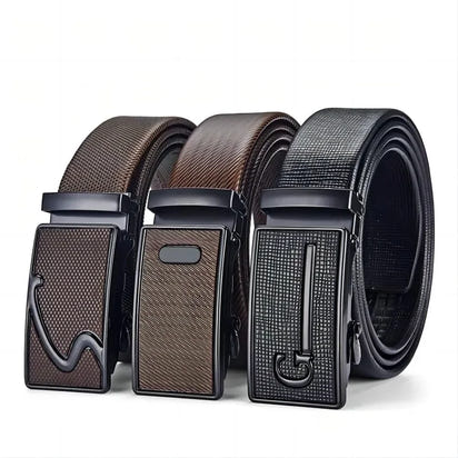 Men's Auto Buckle Business Belt - Textured PU Leather Strap, Metal Clasp Dress Belt Black (High Quality)