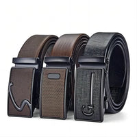 Men's Auto Buckle Business Belt - Textured PU Leather Strap, Metal Clasp Dress Belt Black (High Quality)