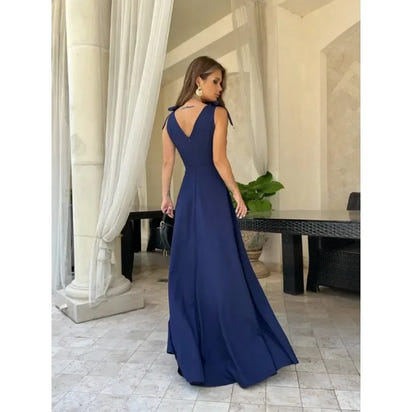 Spring and Summer Women's Casual Dress V-neck Sleeveless Suspender Dress Solid Color Waist Tied Slit Fashionable Party Dress