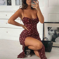 Elegant Classy Flower Print Spaghetti Straps Dresses For Women 2024 Camisole Deep V Neck Suspender Dress Woman Clothing