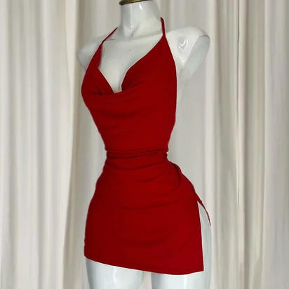 Women's Sexy Home Halter Camisole Dress Summer Spice Girl Dress Y2K Sexy Sleeveless Backless Red Mini Dresses Bodycon Lady Skirt