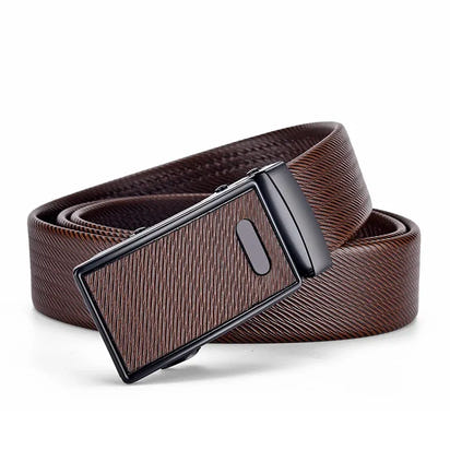 Men's Auto Buckle Business Belt - Textured PU Leather Strap, Metal Clasp Dress Belt Black (High Quality)