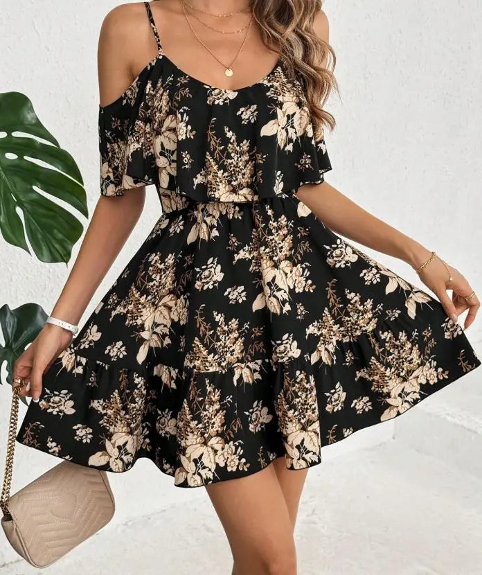 Elegant Printed Halter Neck Mini Dress Women's Bowed Waist Pleated Skirt Short Sleeve V-neck Gown for Ladies Fashionable
