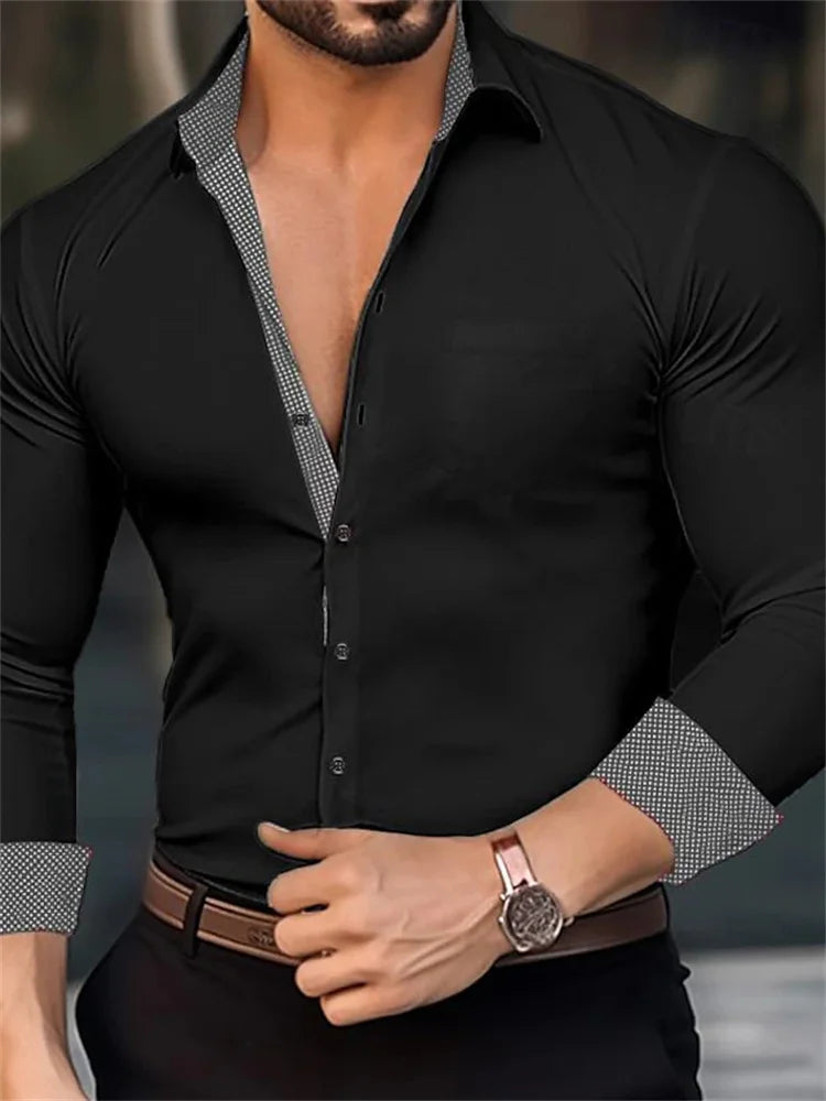 Men's Shirt Business Lapel Shirt, Black White Grey, Outdoor Street Long Sleeve Button Shirt, High Quality Soft Fabric XS-6XL Siz
