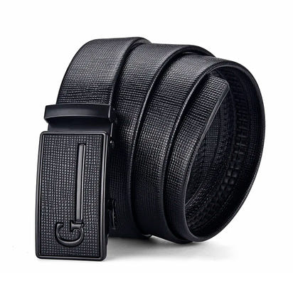 Men's Auto Buckle Business Belt - Textured PU Leather Strap, Metal Clasp Dress Belt Black (High Quality)