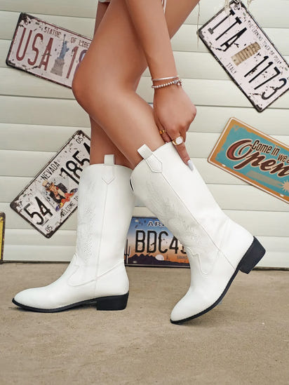 Gold Mid-calf Boots Women Silver Pointed Western Cowboy Boots Retro Fashion Black Boot Plus Size 36-43 WomenBoots