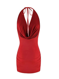 Women s Sexy Halter Neck Sleeveless Mini Dress with Open Back and Ruched Detailing - Solid Color Summer Dress