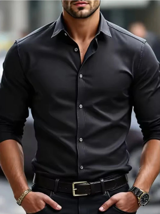 Formal men's shirt without ironing, business casual, slim and slim black shirt, solid color, fashionable and high-quality