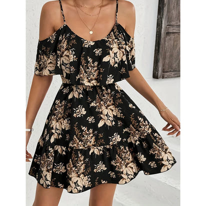 Elegant Printed Halter Neck Mini Dress Women's Bowed Waist Pleated Skirt Short Sleeve V-neck Gown for Ladies Fashionable