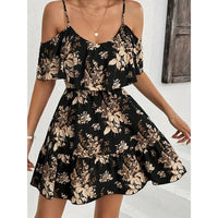 Elegant Printed Halter Neck Mini Dress Women's Bowed Waist Pleated Skirt Short Sleeve V-neck Gown for Ladies Fashionable