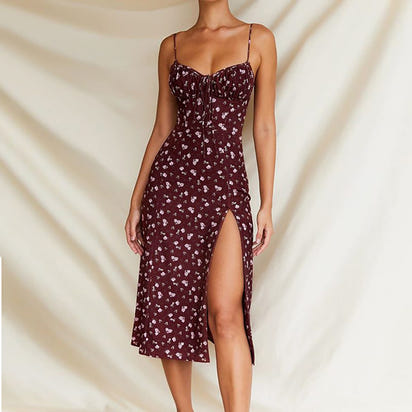 Elegant Classy Flower Print Spaghetti Straps Dresses For Women 2024 Camisole Deep V Neck Suspender Dress Woman Clothing