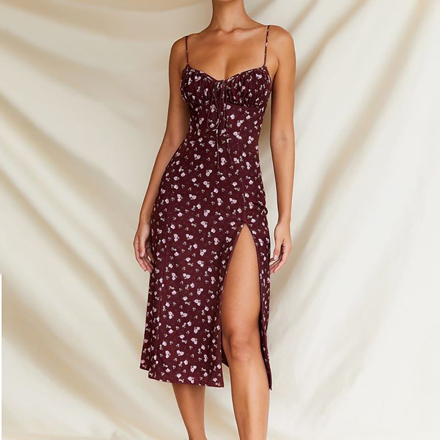 Elegant Classy Flower Print Spaghetti Straps Dresses For Women 2024 Camisole Deep V Neck Suspender Dress Woman Clothing