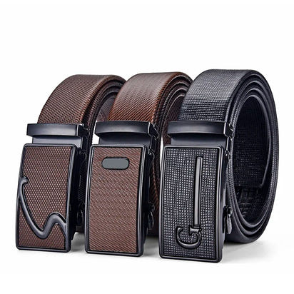 Men's Auto Buckle Business Belt - Textured PU Leather Strap, Metal Clasp Dress Belt Black (High Quality)