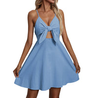 New Women's Strappy Bowknot Suspender Dress Fashion Slim Fit Cotton Linen Sling Dress Summer Solid Color Casual Sundress платье