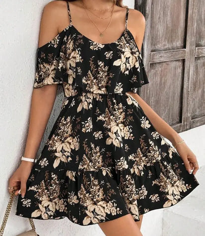 Elegant Printed Halter Neck Mini Dress Women's Bowed Waist Pleated Skirt Short Sleeve V-neck Gown for Ladies Fashionable
