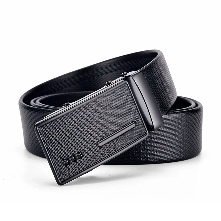 Men's Auto Buckle Business Belt - Textured PU Leather Strap, Metal Clasp Dress Belt Black (High Quality)