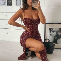 Elegant Classy Flower Print Spaghetti Straps Dresses For Women 2024 Camisole Deep V Neck Suspender Dress Woman Clothing