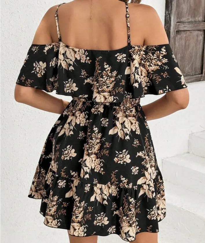 Elegant Printed Halter Neck Mini Dress Women's Bowed Waist Pleated Skirt Short Sleeve V-neck Gown for Ladies Fashionable