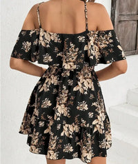 Elegant Printed Halter Neck Mini Dress Women's Bowed Waist Pleated Skirt Short Sleeve V-neck Gown for Ladies Fashionable