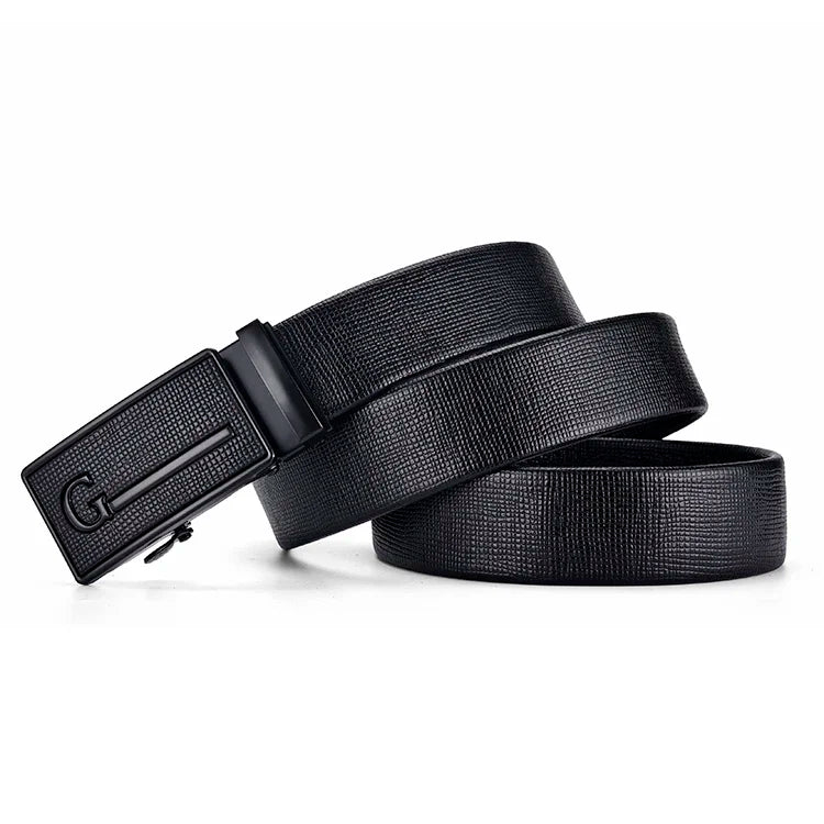 Men's Auto Buckle Business Belt - Textured PU Leather Strap, Metal Clasp Dress Belt Black (High Quality)