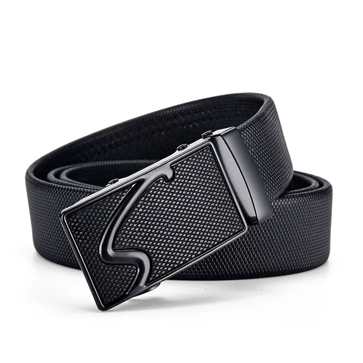 Men's Auto Buckle Business Belt - Textured PU Leather Strap, Metal Clasp Dress Belt Black (High Quality)