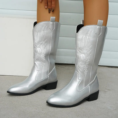 Gold Mid-calf Boots Women Silver Pointed Western Cowboy Boots Retro Fashion Black Boot Plus Size 36-43 WomenBoots