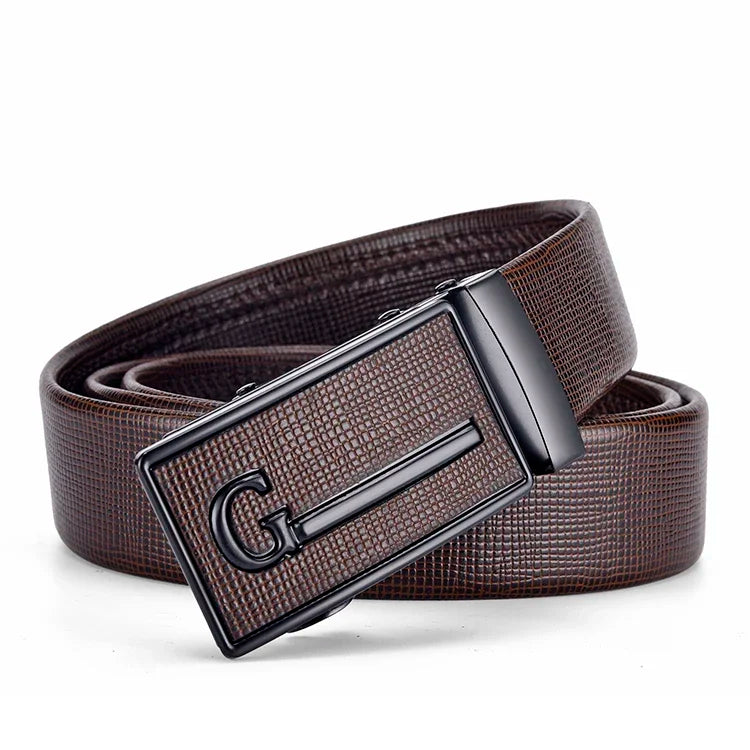 Men's Auto Buckle Business Belt - Textured PU Leather Strap, Metal Clasp Dress Belt Black (High Quality)