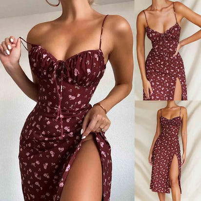 Elegant Classy Flower Print Spaghetti Straps Dresses For Women 2024 Camisole Deep V Neck Suspender Dress Woman Clothing