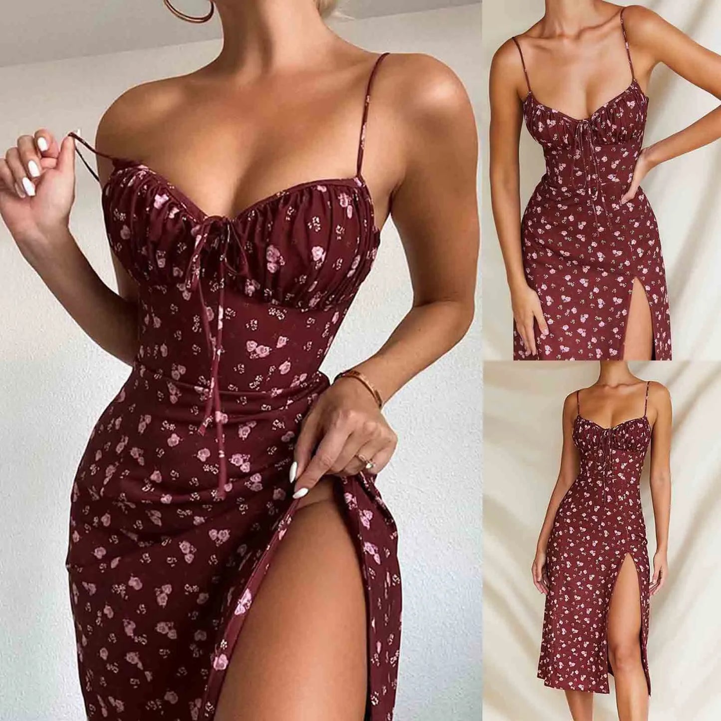 Elegant Classy Flower Print Spaghetti Straps Dresses For Women 2024 Camisole Deep V Neck Suspender Dress Woman Clothing