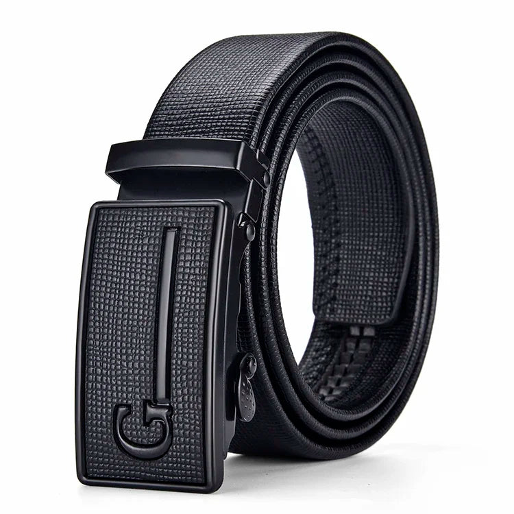 Men's Auto Buckle Business Belt - Textured PU Leather Strap, Metal Clasp Dress Belt Black (High Quality)