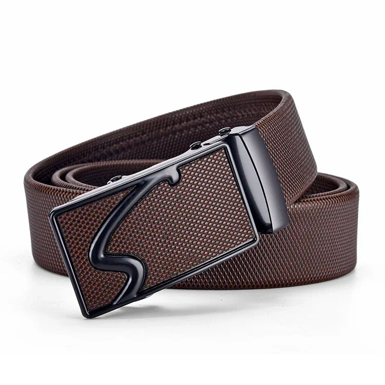 Men's Auto Buckle Business Belt - Textured PU Leather Strap, Metal Clasp Dress Belt Black (High Quality)